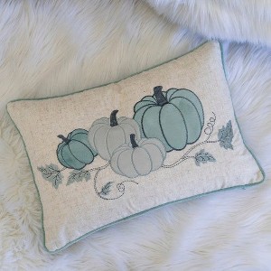 Embroidered Pumpkin Lumbar Throw Pillow – Misty Blue Fall Accent Cushion - 1 of 4