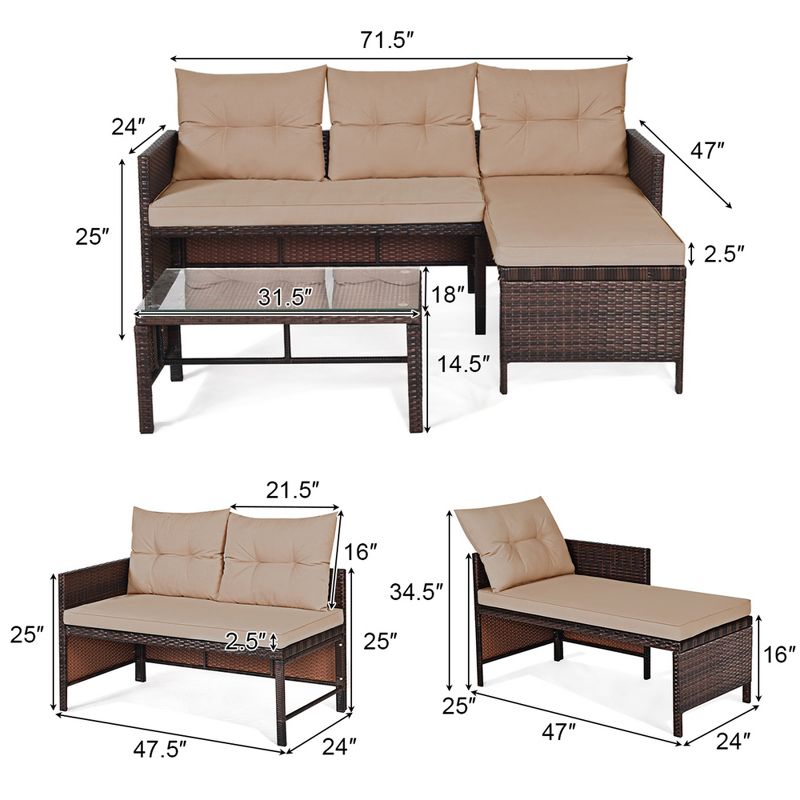 Tangkula 3PC Outdoor Furniture Set Rattan Wicker Sofa Table Deck Garden Patio, 2 of 10