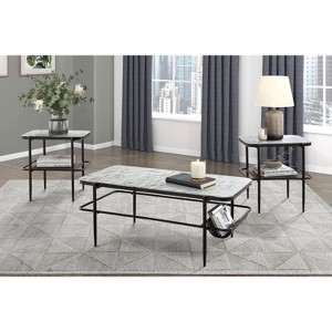 3pc Stylish Occasional Table Set White Marble Print Tempered Glass Top Coffee Table and End Tables Modern Home Furniture - 1 of 1