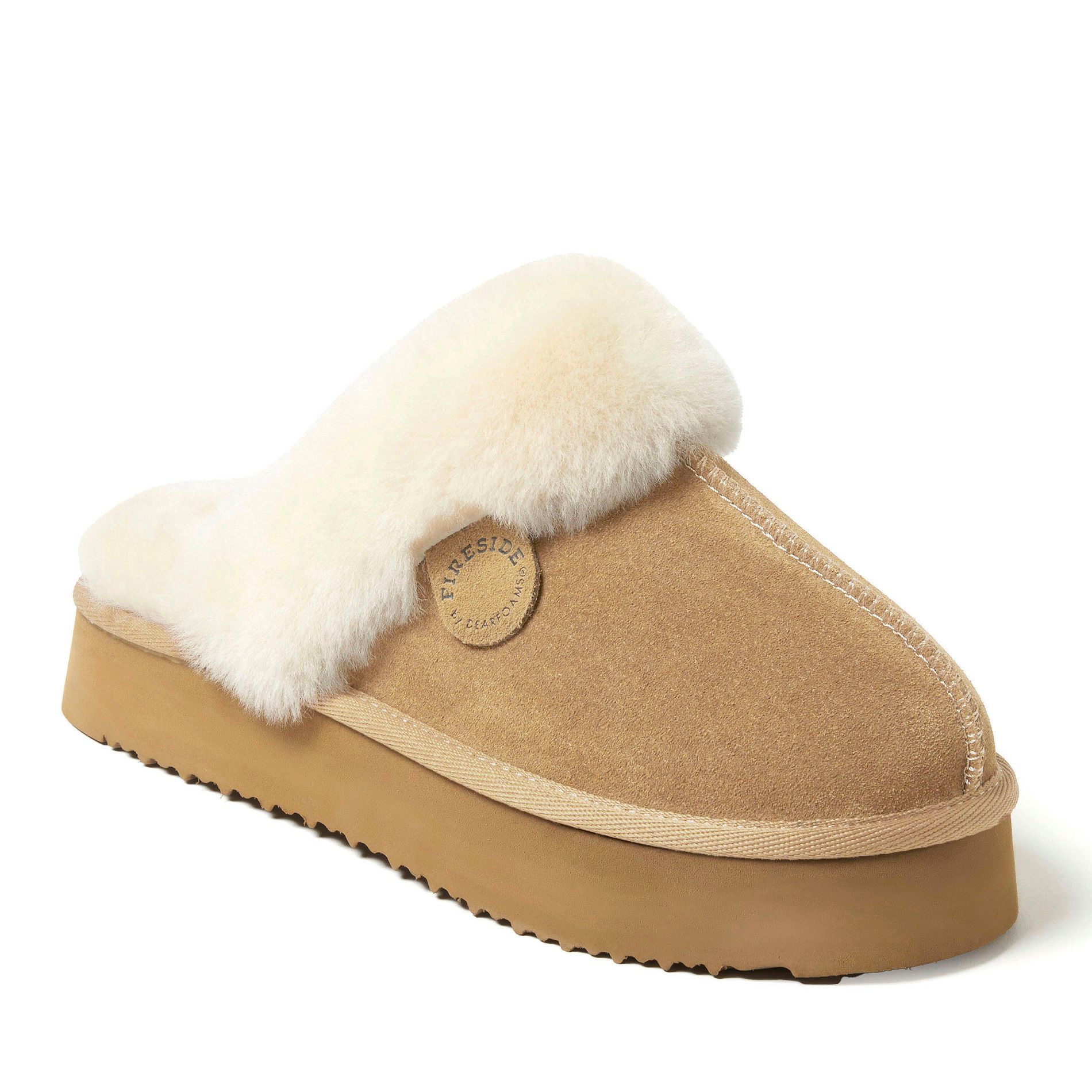 Fireside by Dearfoams Women's Melton Genuine Shearling Platform Scuff Slipper - Sand Size 7