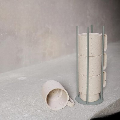 Stackable Off-White Ceramic Coffee Mugs with Green Metal Stand