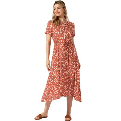 Allegra K Women's Casual Button Down Short Sleeve Drawstring High Waist Midi A Line Dress