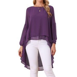 Seta T Women's Lantern Long Sleeve Round Neck High Low Irregular Hem Casual Blouse - 1 of 4