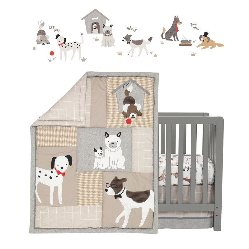 Lambs & Ivy Bow Wow Gray/Tan Dog/Puppy Nursery 4-Piece Baby Crib Bedding Set, 2 of 11