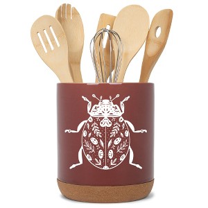 Elanze Designs 8 inch Floral Beetle Large Ceramic Kitchen Utensil Holder Red and White Crock with Cork Base - 1 of 4