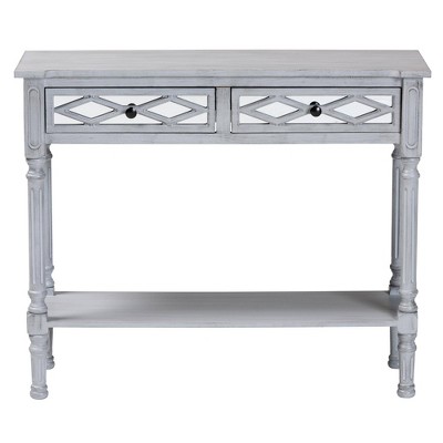 Gray Wood and Mirrored Glass 2-Drawer Console Table with Storage Shelf
