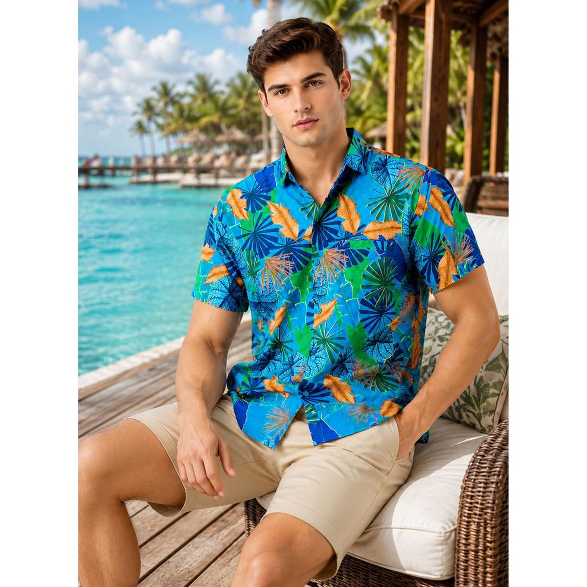 LA LEELA Men's Hawaiian Short Sleeve Button Down Shirt Mens Casual Shirts Holiday Tropical Beach Summer Party Shirts for Men Funny 5XL Blue, Leaf - thumbnail 3