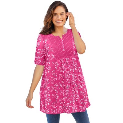 Woman Within Women's Plus Size Mixed Print Henley Tunic