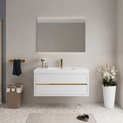 Whisen Pre-Assembled Floating Wall-Mounted Bathroom Vanity with Stone Resin Sink, U-Shaped Storage Drawers