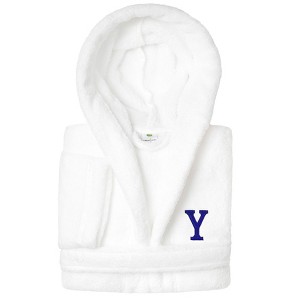 Personalized Linum Kids 100% Polyester SUPER PLUSH Double Brushed Hooded Bathrobe in Navy Bookman Font - 1 of 3