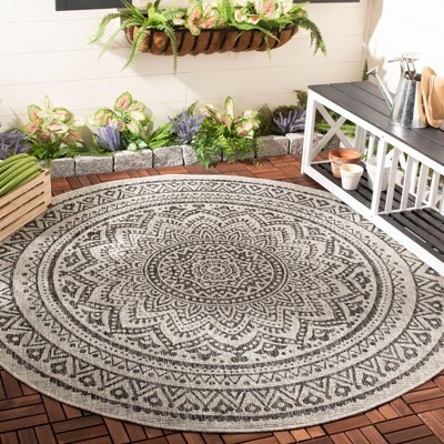 Light Grey and Black Round Synthetic Indoor/Outdoor Rug