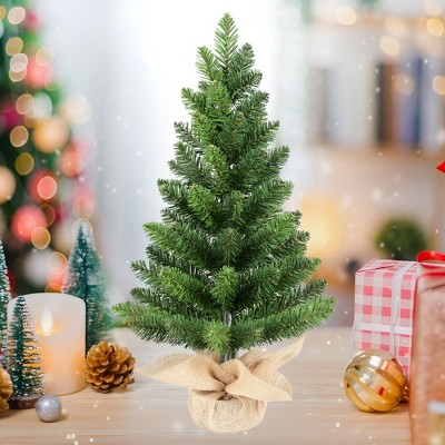 Whisen 2FT Artificial Tabletop Christmas Trees with 68 Tips Each, Burlap-Wrapped Cement Base, Set of 2 - Green