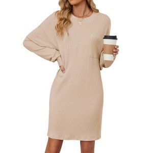 Coolmee Women's Long Sleeves Mini DressCausal Loose Crewneck Tuinc Tops Basic Dress with Front Pocket - 1 of 4
