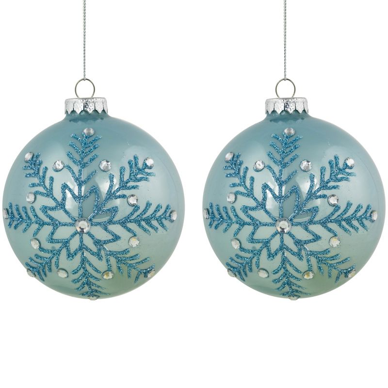 Northlight Set of 2 Light Blue Glittered and Jeweled Snowflake Glass Christmas Ball Ornaments 4", 1 of 6