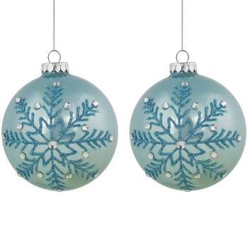 Northlight Set of 2 Light Blue Glittered and Jeweled Snowflake Glass Christmas Ball Ornaments 4"