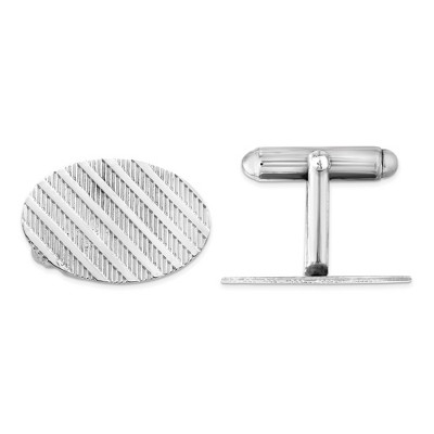 Black Bow Jewelry Rhodium Plated Sterling Silver Diagonal Stripe Oval Cuff Links 20x13mm