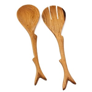 Slickblue Hand-Carved Wooden Salad Servers - Rustic Olive Wood with Tree Branch Handles, 2-Piece Set - 1 of 3
