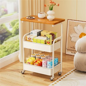 3 Tier Storage Trolley on Wheels Rolling Cart with Wooden Table Top Kitchen Storage Organizer for Living Room, Kitchen, Bathroom, Office, Classroom - 1 of 4