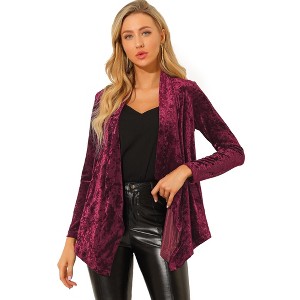 INSPIRE CHIC Women's Shawl Collar Pocket Open Front Velvet Cardigan - 1 of 4