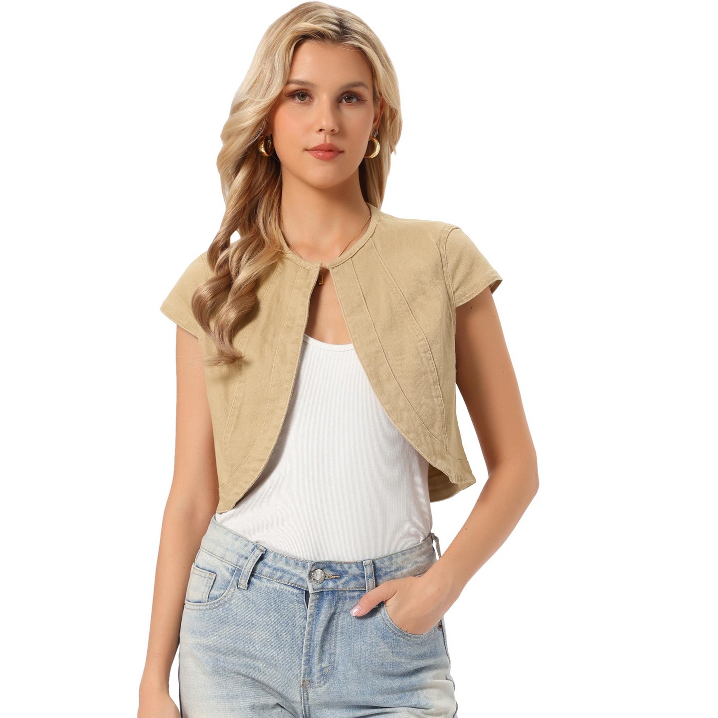 Женская куртка INSPIRE CHIC Cap Sleeve Slim Fit Summer Open Front Crop Denim Jacket Medium Khaki, цвет: Джинсовый — фото 1