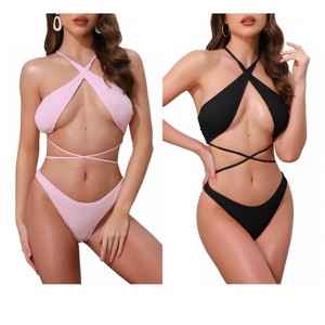 INSPIRE CHIC Women's Criss Cross Backless Ribbed Strappy Top Triangle Bottom Swimwear Bikini Suits 2 Sets - 1 of 4