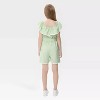 Girls Romper Flounce Squar Neck Belted Jumpsuit with Lace Trim Elastic Adjustbale Neckline Romper - 2 of 4