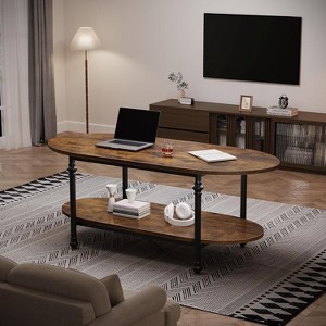 Jojoka Coffee Table, 2 Tier Wood Oval Coffee Table with Roman Column Metal Legs and Open Shelf, Industrail Center Table - 1 of 4