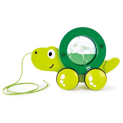 Hape Pull Along Tito the Turtle Wooden Push Toy with Rolling Swirling Shell and Rubber Rimmed Wheels for Toddlers Ages 1 and Up, Lime Green