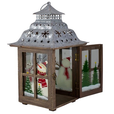 Rustic Wooden Snowman Christmas Lantern with Silver Roof, 16.5"