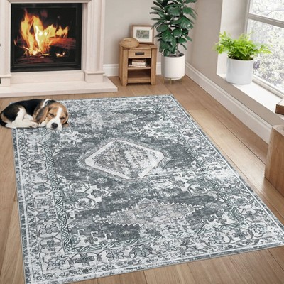 Washable Rugs for Living Room, Vintage Medallion Distressed Print Rug Non-Slip Low Pile Rug for Bedroom, Dining Room