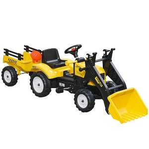 Aosom Ride-On Kids Bulldozer/Excavator Toy with Real Working Dirt Bucket, Easy Pedal Controls, 6 Wheels, & Cargo Trailer, Yellow - 1 of 4