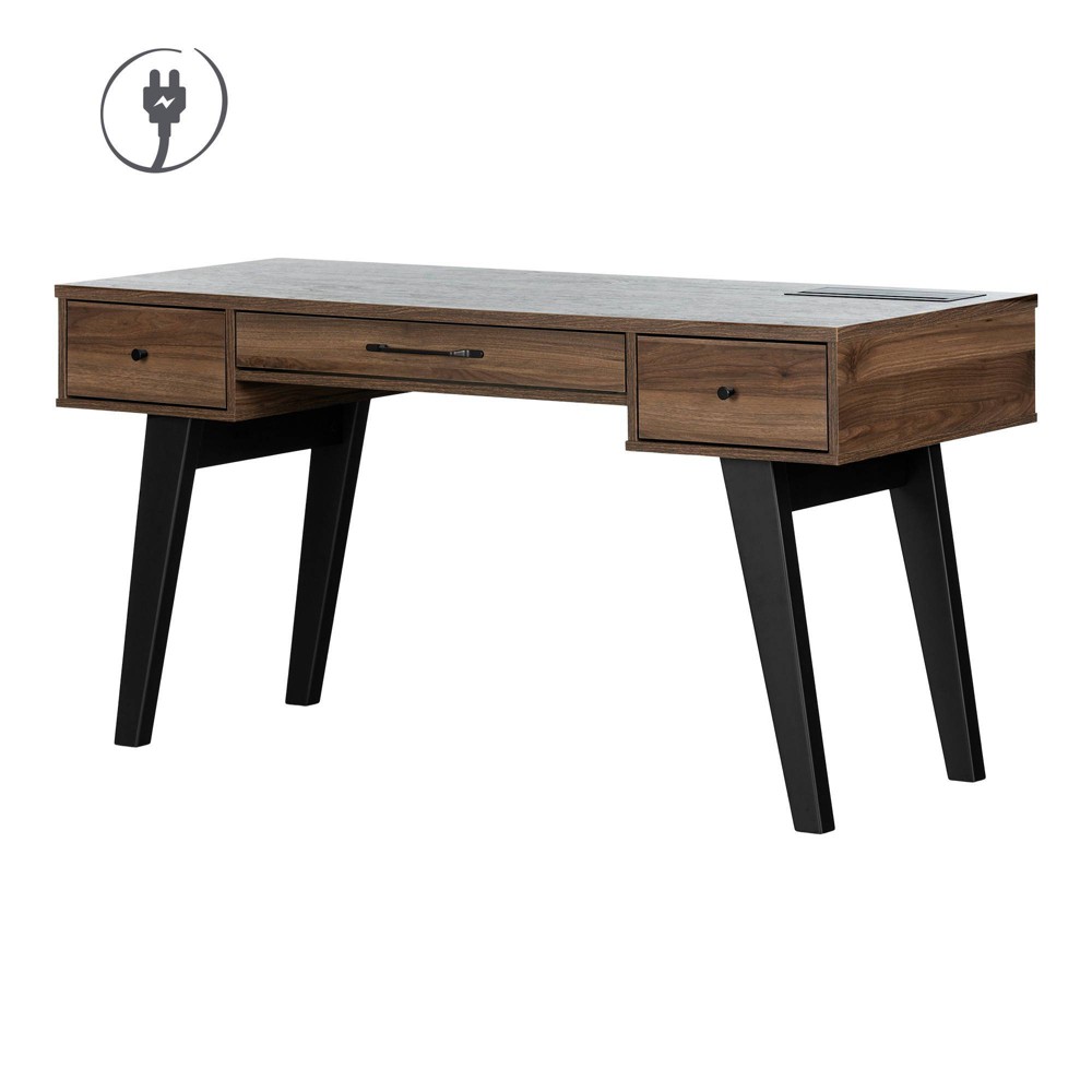 South Shore Helsy Computer Desk with Power Bar Natural Walnut: Scandinavian Style, USB Ports, Scratch Resistant