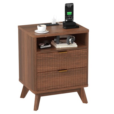Modern Bedroom Nightstand With 2 Drawers, Wooden Sofa Side Table with Storage, Accent Bedside Table for Small Space, Narrow End Table
