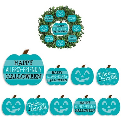 Big Dot of Happiness Teal Pumpkin -  Halloween Allergy Friendly Trick or Trinket Front Door Decorations - DIY Accessories for Wreath - 9 Pieces