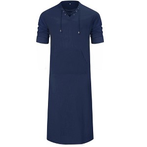 Clearlove Men's Long Sleeve Kaftan Thobe Robe Linen Cotton Blend Side Slit Lounge Shirt with Pockets Relaxation Wear - 1 of 4