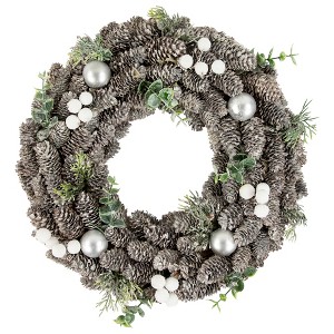 Northlight White Berry and Pinecone Foliage Christmas Ornament Wreath, 12.5-Inch, Unlit - 1 of 3