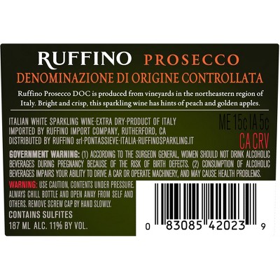 Ruffino Glera Prosecco DOC Italian White Sparkling Wine - 3pk/187ml Bottles