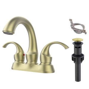 DOMETOUR Bathroom Faucet 2-Handle Brushed Gold with Aerator, Swan Style 4-inch Centerset Vanity Sink with Pop-Up Drain and Supply Hoses, FR4075-BG - 1 of 4