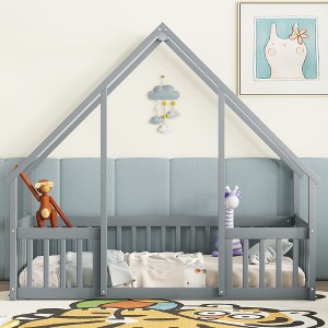 MAYEERTY Twin Wood House-shaped Floor Bed with Fence, Guardrails Gray - 1 of 4