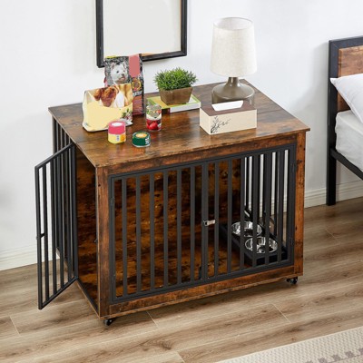 GustoWave Dog Crate Furniture with Pull-Out Dog Bowls, Heavy Duty Wooden Dog Kennel with Double Doors, Flip-Top & Wheels