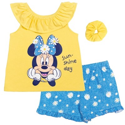 Image of Disney Minnie Mouse Infant Baby Girls Tank Top French Terry Shorts and Scrunchie 3 Piece Outfit Set Yellow Daisies 12 Months