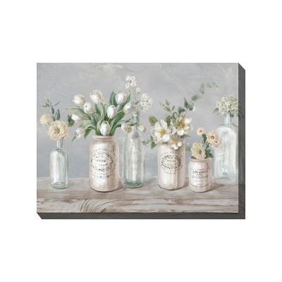 Cottage Garden West of The Wind Pure Vintage White, Green, Grey 40 x 30 Inch Waterproof Gallery Wrapped Canvas, Outdoor Garden, Yard, Patio All