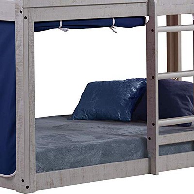 Rustic Light Grey Pine Twin Over Twin Bunk Bed with Blue Tent