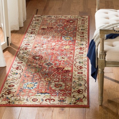 Kashan Red and Beige Synthetic Runner Rug, 2'6" x 10'