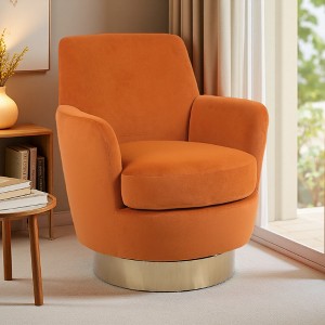 Velvet Swivel Barrel Chair with 360-degree Rotation and Gold Iron Base - 1 of 4