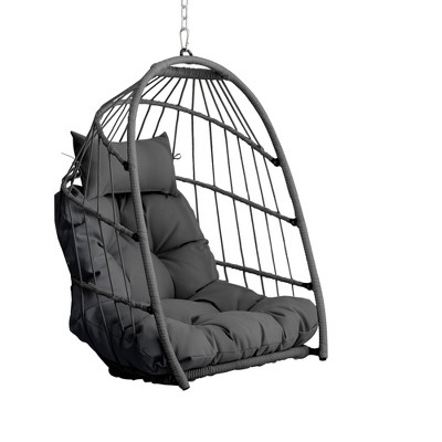 NAYSAYE Patio Swing Rattan Egg Chair with Cushion and Foldable Frame for Garden and Backyard Relaxation, Gray and Gray, 28.34"*22"*20.3"