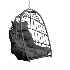 NAYSAYE Patio Swing Rattan Egg Chair with Cushion and Foldable Frame for Garden and Backyard Relaxation, Gray and Gray, 28.34"*22"*20.3" - 1 of 4