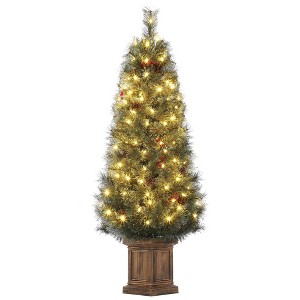 4.5 Ft Artificial Christmas Tree with 200 Warm White  Lights and Red Berries Potted Base Holiday Xmas Tree - 1 of 4