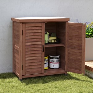 PAGED Outdoor Potting Bench with Storage Cabinet and Metal Table Top for Patio, Garden Furniture Wood Workstation, Grey - 1 of 4