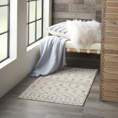 Beige Blue Geometric Synthetic Rectangular Area Rug 2'2" x 3'9"